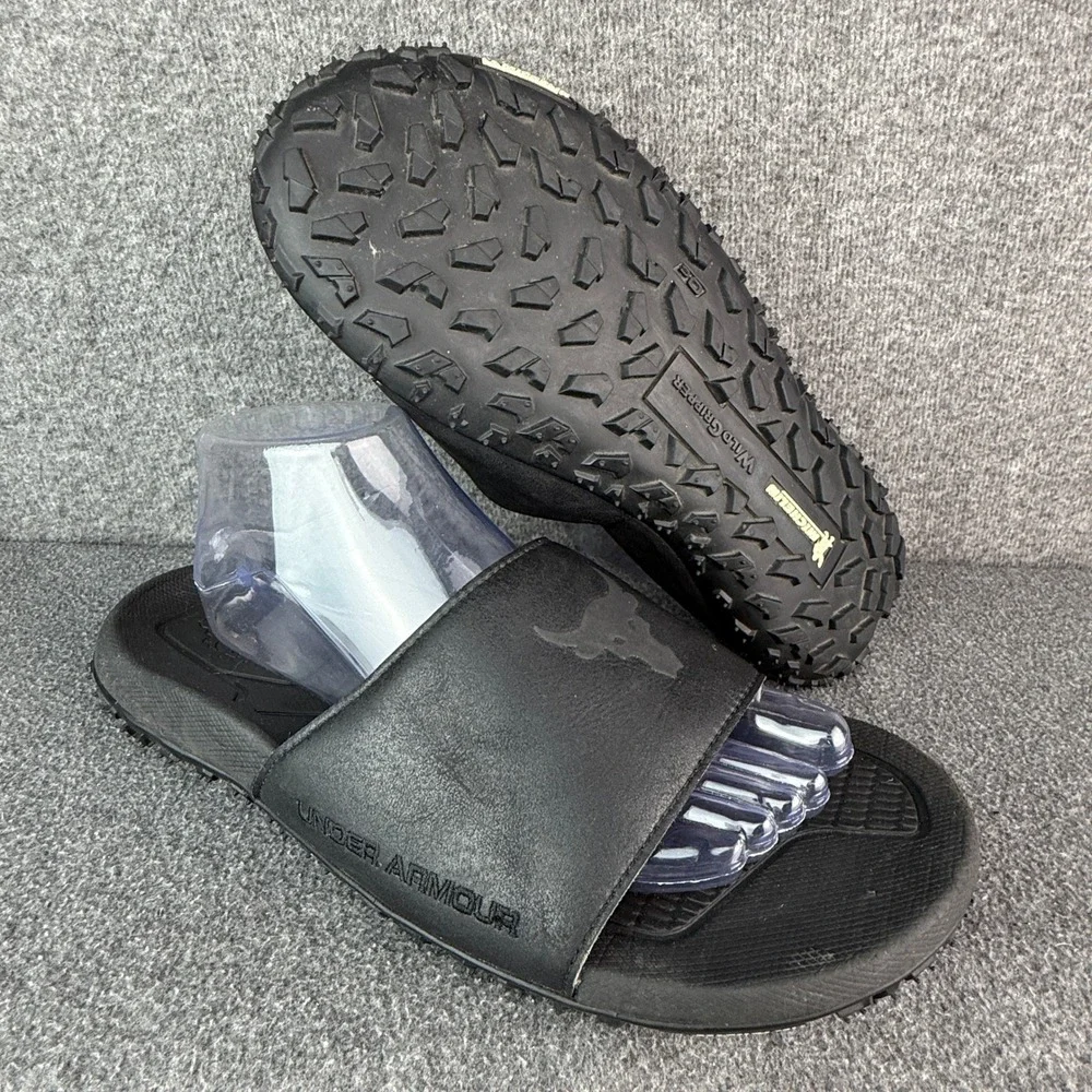 Under Armour Project Rock Slides Black Leather Michelin Sole Sandals 3023762-001